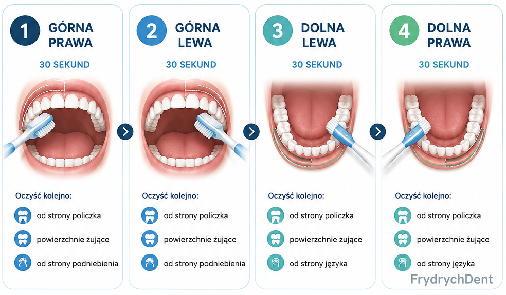 Cztery ćwiartki jamy ustnej (górna prawa, górna lewa, dolna lewa i dolna prawa) z zaznaczonymi powierzchniami do oczyszczenia w każdej z nich: od strony policzka, powierzchnie żujące oraz od strony podniebienia lub języka